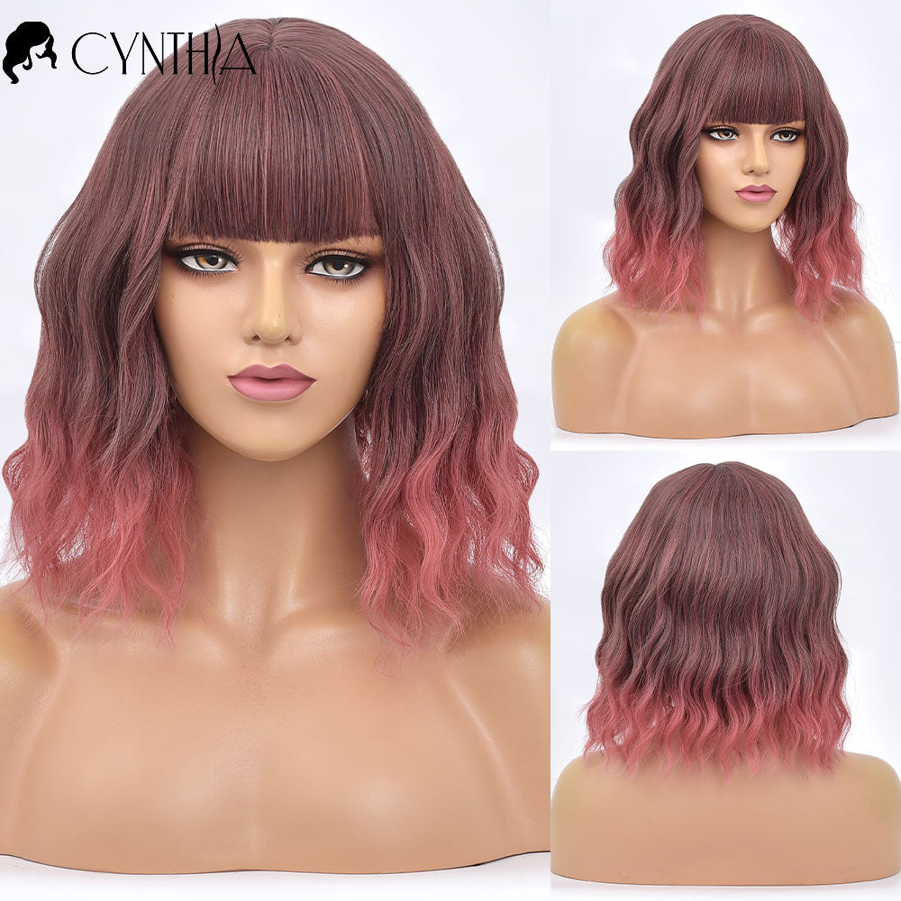 Cynthia Blue Ombre Short Bob Synthetic Wigs For Women With Bangs Body Wave Cosplay Lolita Wig White Natural Heat Resistant Hair