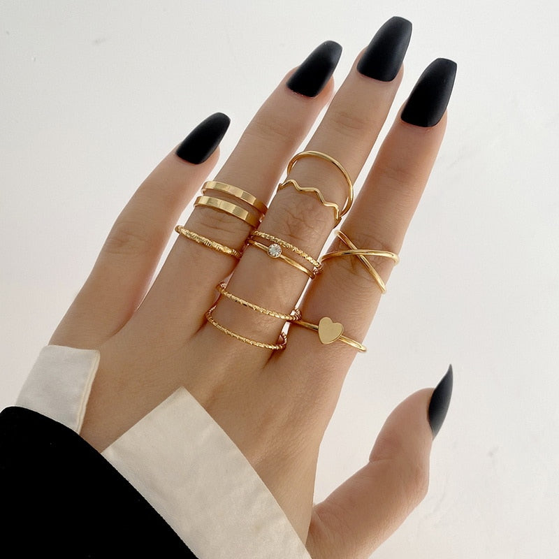 Punk Girl Love Heart Rings Set For Women Personality Harajuku Chain Tassel Silver Color Geometric Ring Gothic Party Jewelry Gift