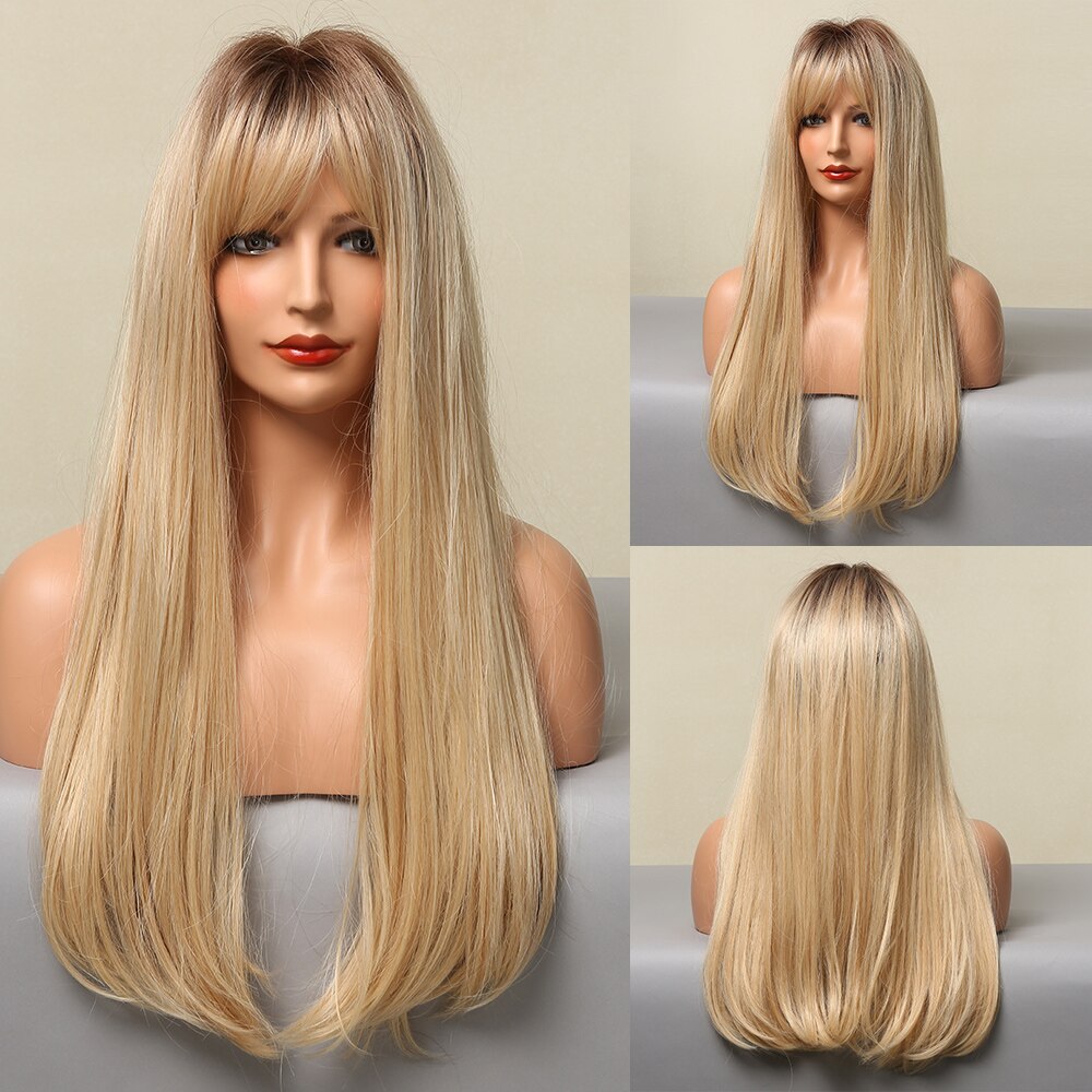 Long Straight Synthetic Wig Ombre Brown Blonde Golden Heat Resistant Wigs Cosplay Party Hair Wig