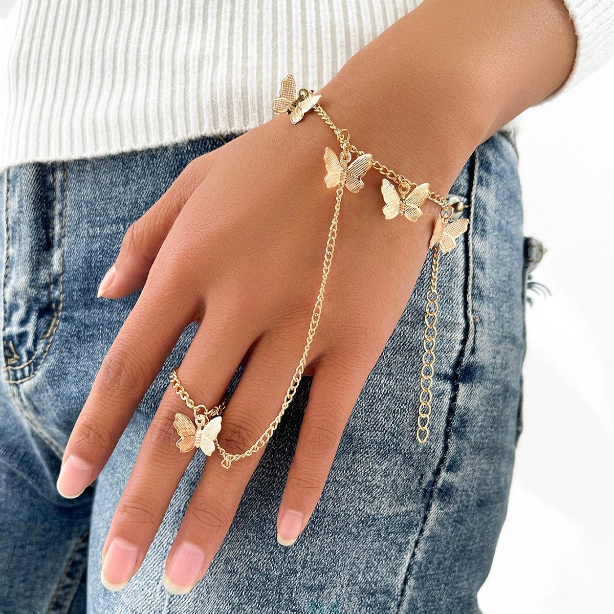 Vintage Boho Crystal Butterfly Flower Rings Set For Women Elegant Geometric Leaf Chain Tassel Knuckle Finger Rings Party Jewelry