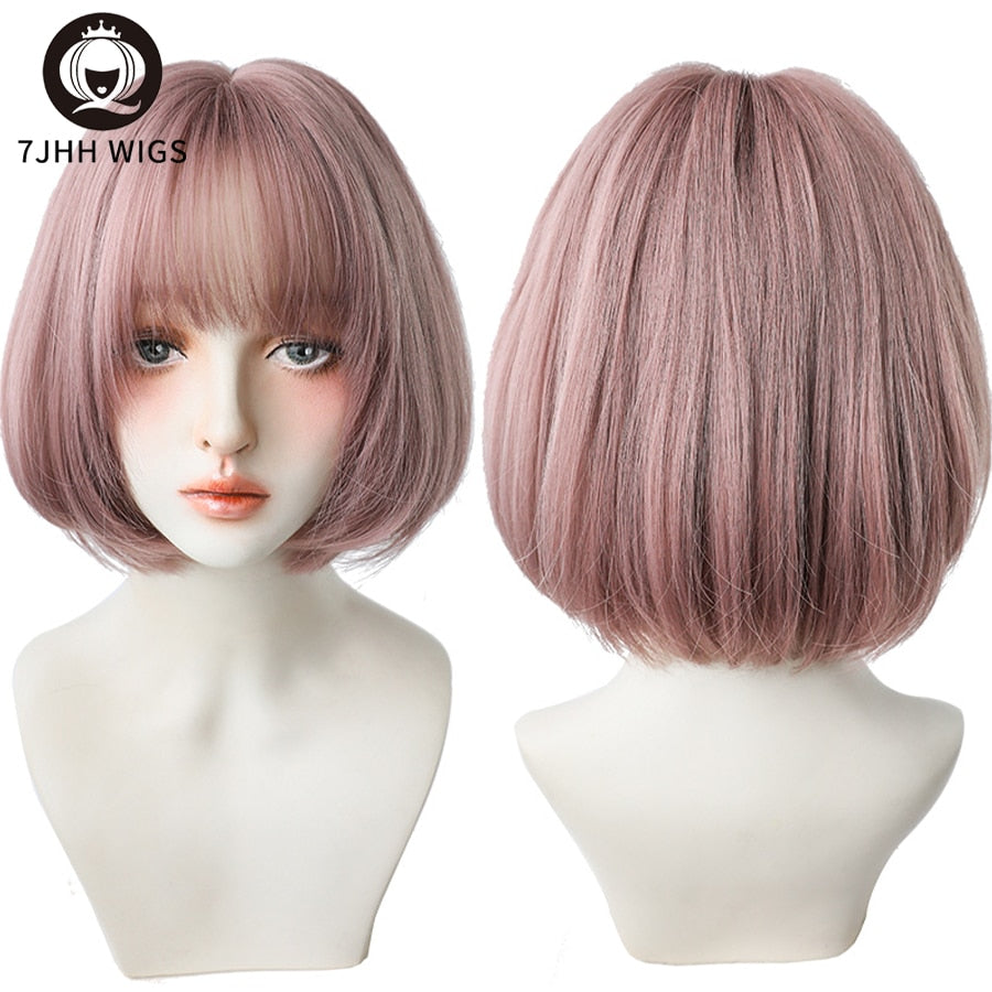 WIGS Black Short Bob Wig for Girl Daily Wear Synthetic Wig Natural Supple Summer Heat resistant Wig With Bangs