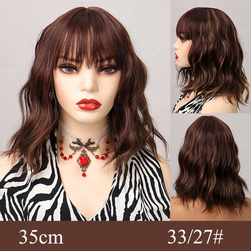 Synthetic Short Water Wave Cosplay Bob Wig with Bangs Heat-resistant Fiber Lolita Wigs For Women Daily Wear