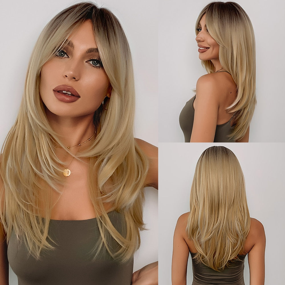 Long Straight Synthetic Wig Ombre Brown Blonde Golden Heat Resistant Wigs Cosplay Party Hair Wig