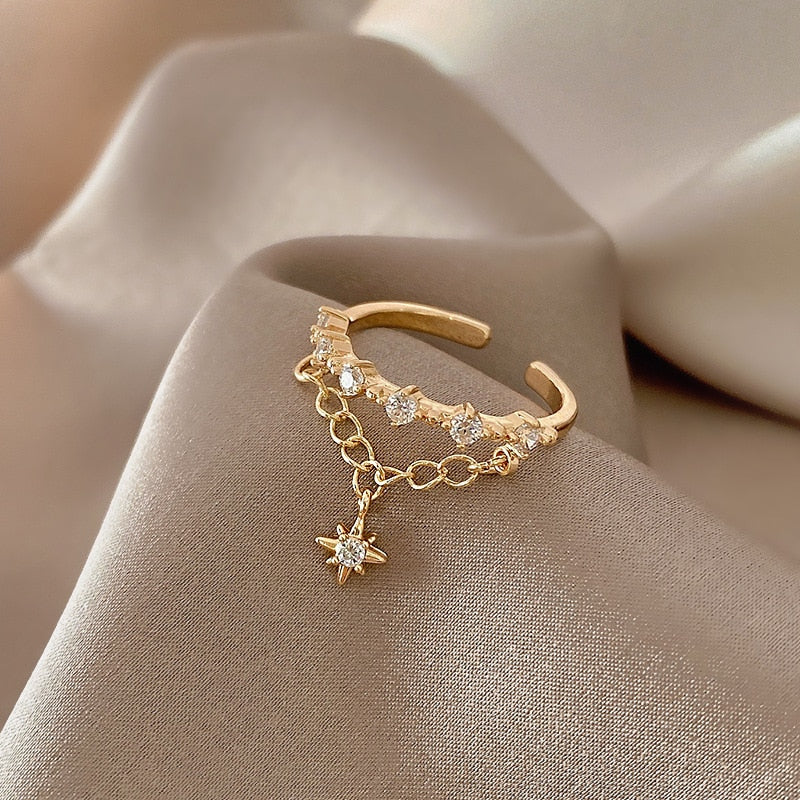 Winter Hexagram Women Rings 14k Gold Finishes Adjustable Tassels Cute Romantic Gifts