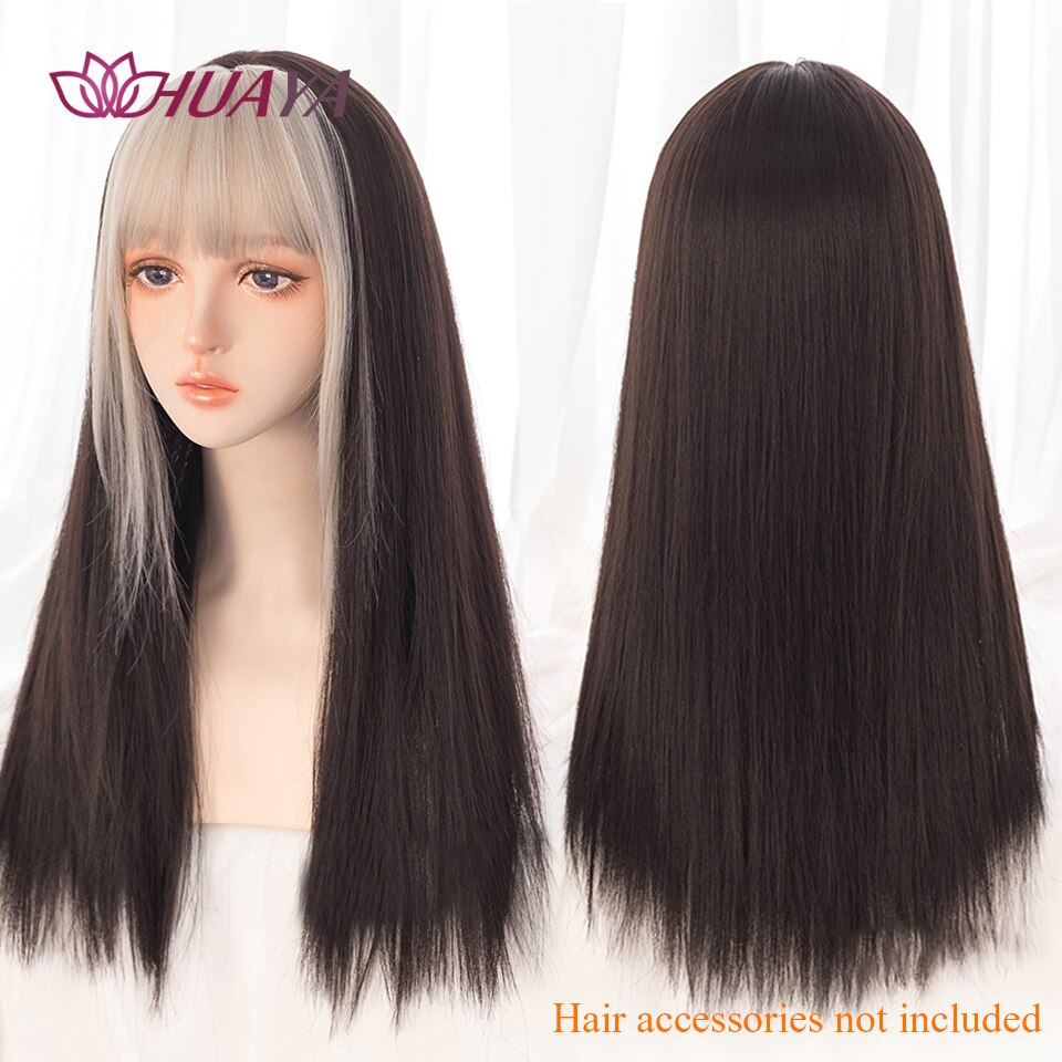 Long Straight Wig with Bangs Purple-White Heat Resistant Synthetic Hair Wigs for African American Girl Lolita Cosplay Wig