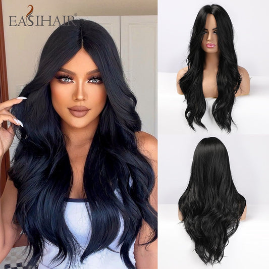 Long Black Synthetic Wigs Middle Part Wigs Natural Hair Wavy Wig Cosplay Heat Resistant Black Hair Wig