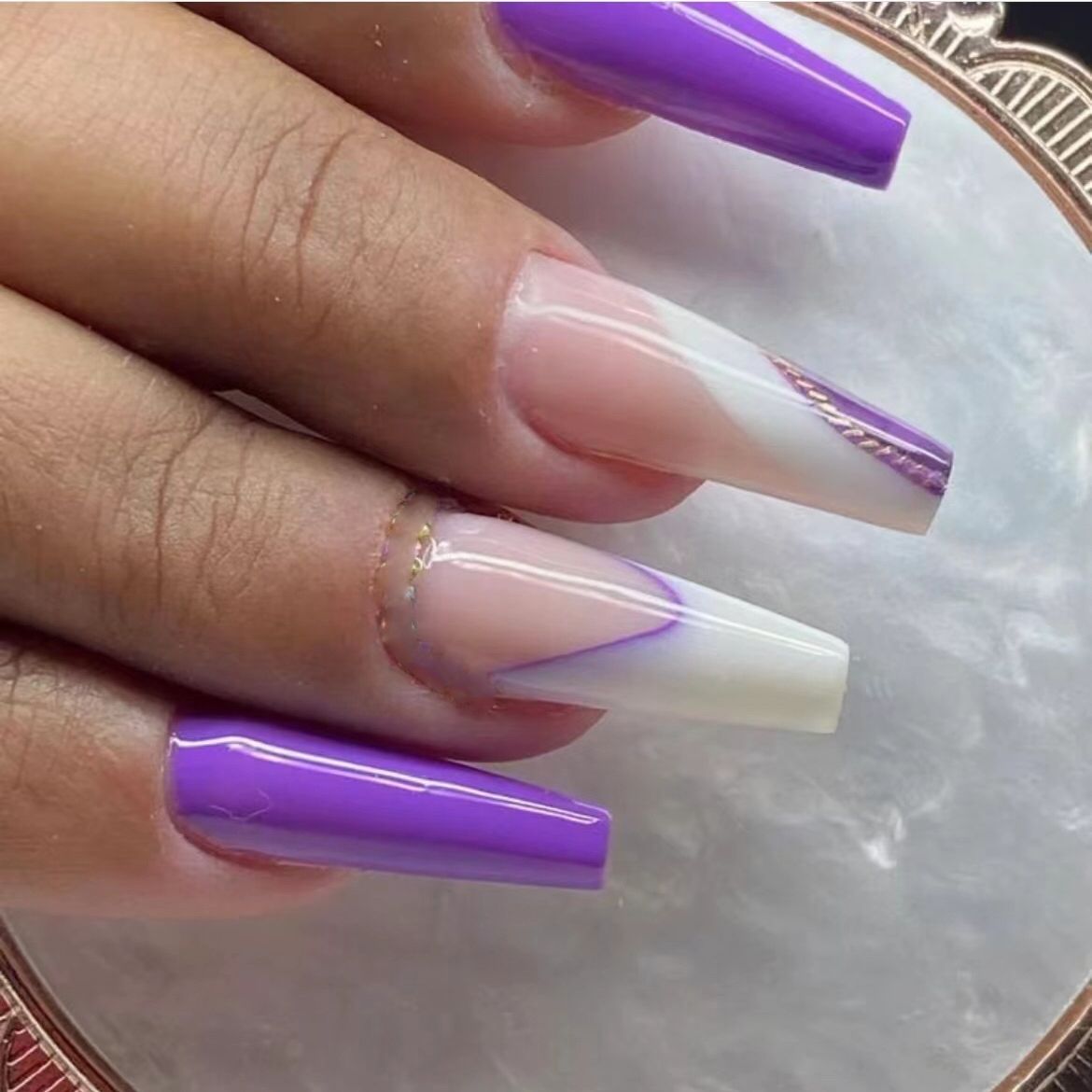 24pcs/Box Glitter Coffin False Nails Pink/White Heart Design French Ballerina Fake Nails Full Cover Nail Tips Press On Nails