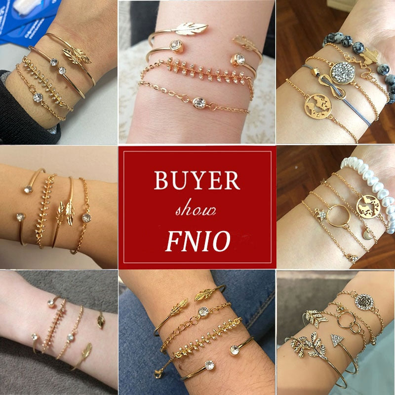 4Pcs/Set Geometric Crystal Charm Bracelets for Women Leaf Bangles Bracelets Set Wrist Chain Boho Bracelet