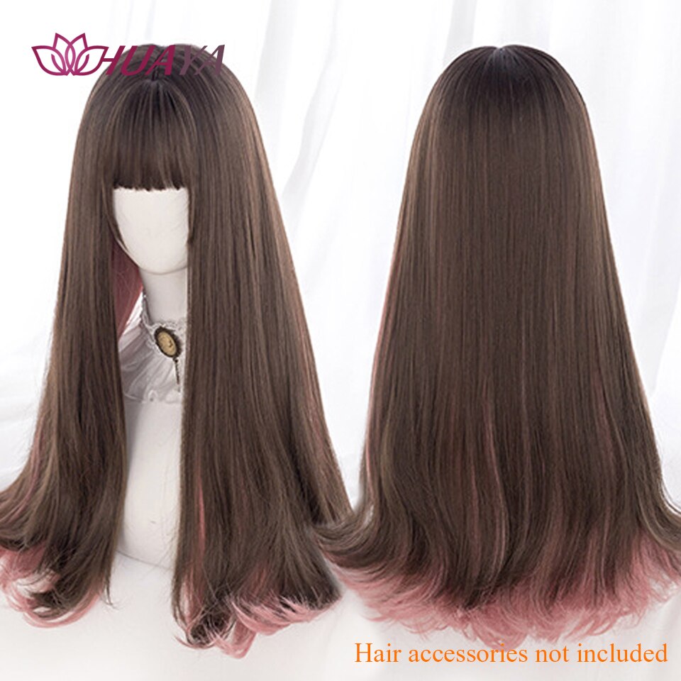 Long Straight Wig with Bangs Purple-White Heat Resistant Synthetic Hair Wigs for African American Girl Lolita Cosplay Wig