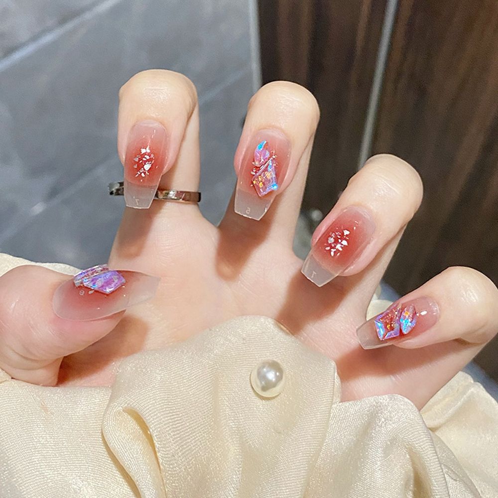 24 Pcs Artificial Wavy Line Long Round Almond False Nails Wearable French Fake Nails Full Cover Nail Tips Press On Nails