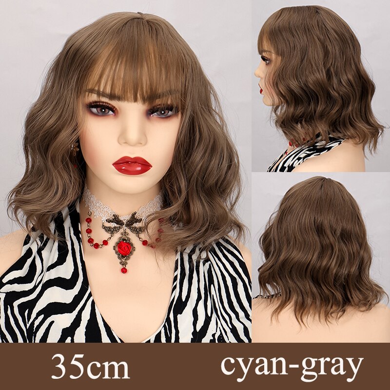 Synthetic Short Water Wave Cosplay Bob Wig with Bangs Heat-resistant Fiber Lolita Wigs For Women Daily Wear