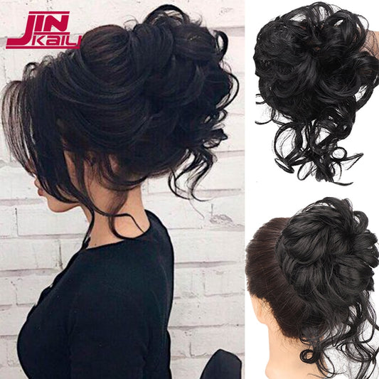 Synthetic Chignon Messy Hair Bun Tousled Updo with Braid Extension Wavy Hair Wrap Ponytail Hairpieces Hair Scrunchies